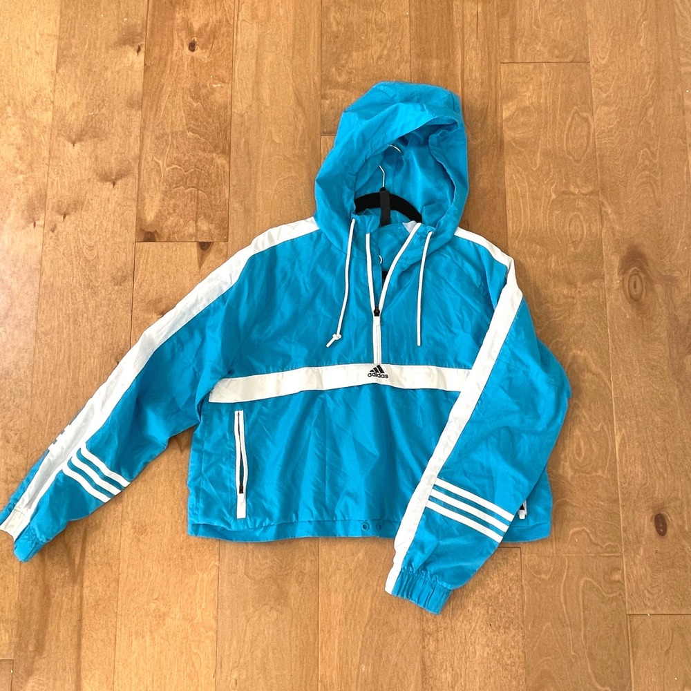Adidas Womens Cropped Windbreaker Jacket Blue White Half Zip Hooded Large